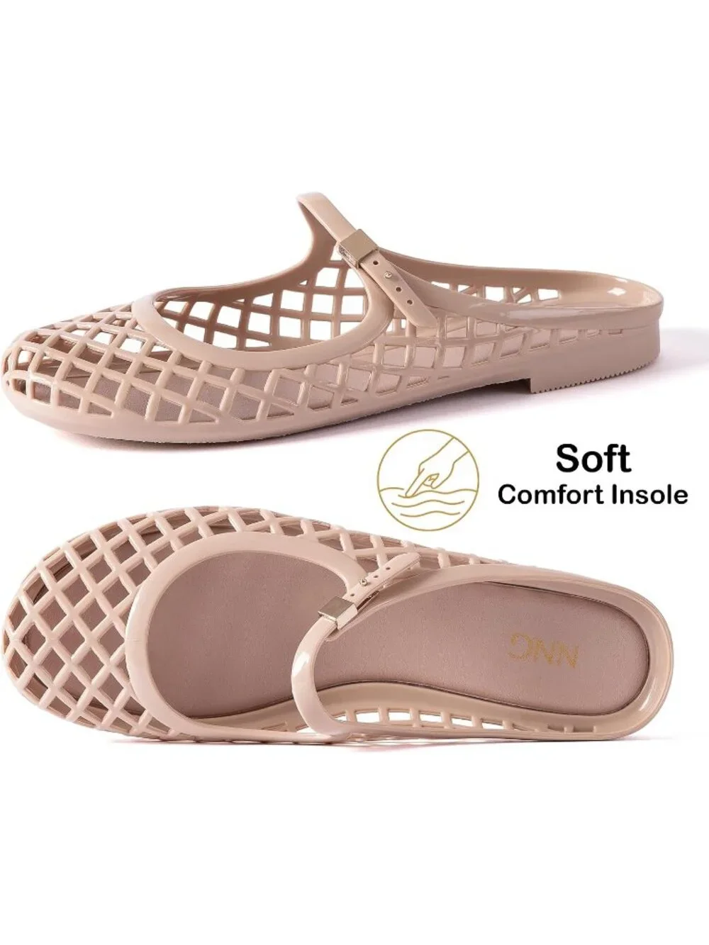 Women's Nude Mary Jane Jelly Mule Flat Sandals Waterproof Beach Pool Comfort